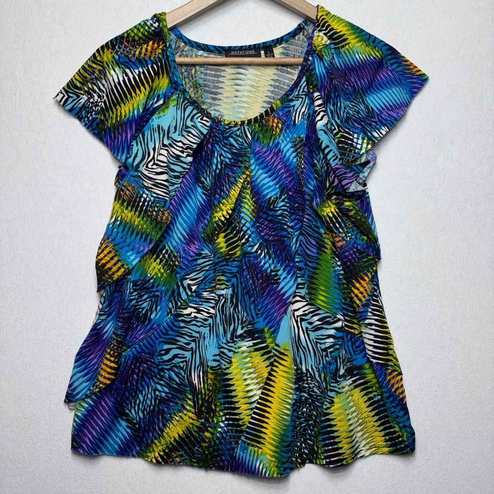 Notations Abstract Zebra Print Flutter‎ Sleeve Top Blue Green Yellow Size L